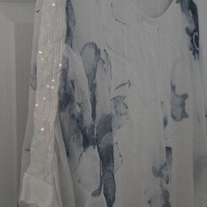 Sheer White Blouse with Blue Floral Print and Sequin Sleeve
